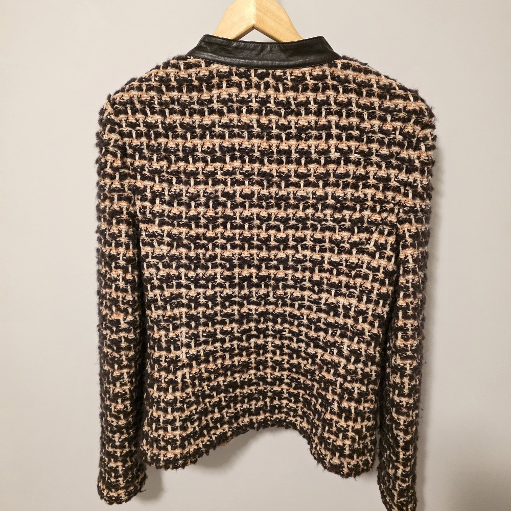 Vintage St.John Tweed Knit Brown Cardigan Jacket Leather Trim Size Women US 6 - Picture 5 of 6